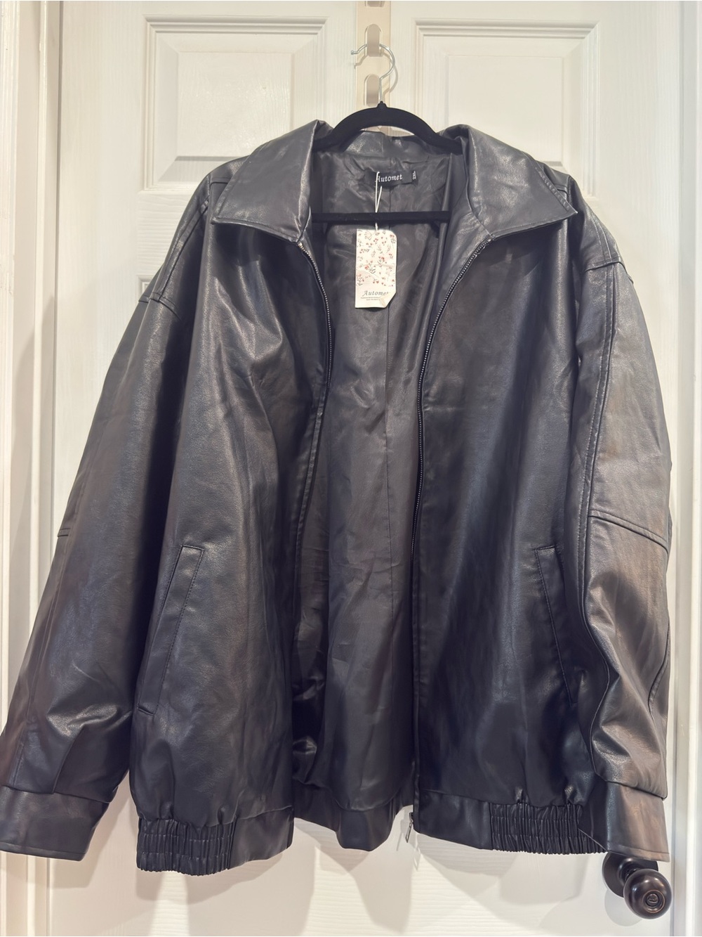 Black Faux Leather Oversized Zip Jacket